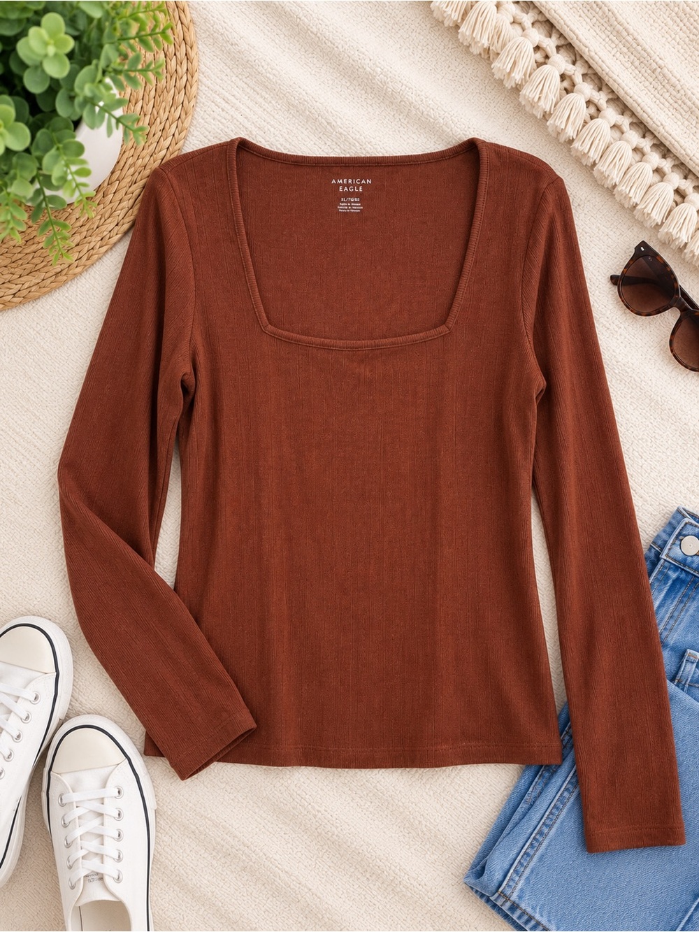 American Eagle Outfitters Square Neck Long Sleeve Top - Rust